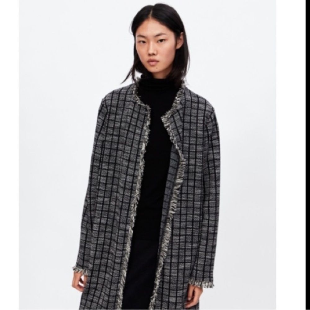 Zara Black Tweed Plaid Longline Caridgan Coatigan Fringe Fray Open Front Medium